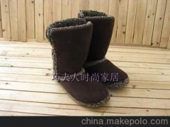 时尚 家居 咖啡色 中筒烫花麂皮绒棉靴